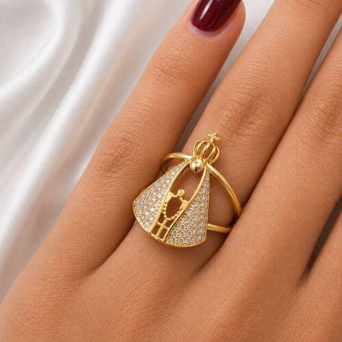 Anel Nossa Senhora Aparecida Zirc�nia Cristal Banhado a Ouro