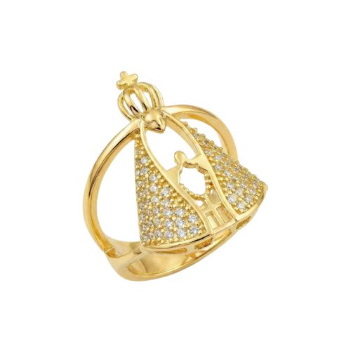 Anel Nossa Senhora Aparecida Zircônia Cristal Banhado a Ouro