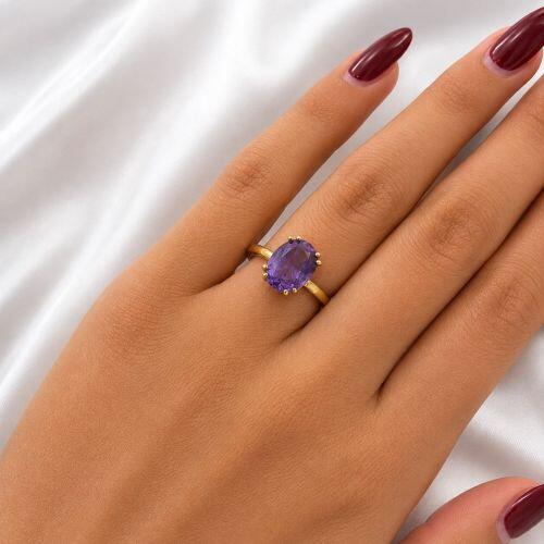 Anel Zircônia Ametista Fusion Oval Banhado em Ouro 18K