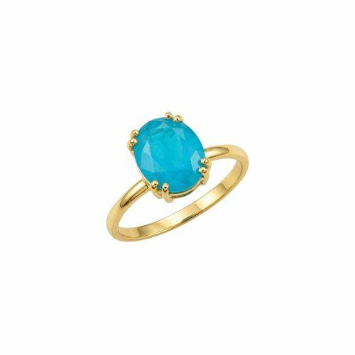 Anel Zircônia Azul Fusion Oval Banhado em Ouro 18K