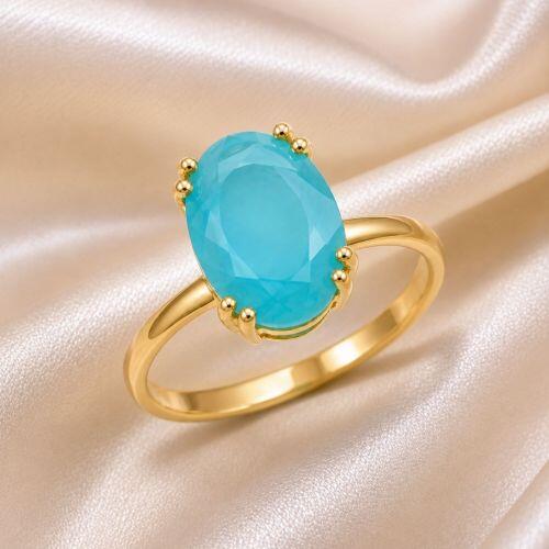 Anel Zircônia Azul Fusion Oval Banhado em Ouro 18K