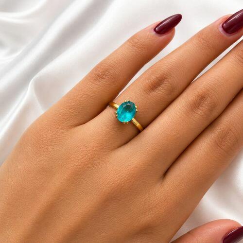 Anel Zircônia Azul Fusion Oval Banhado em Ouro 18K