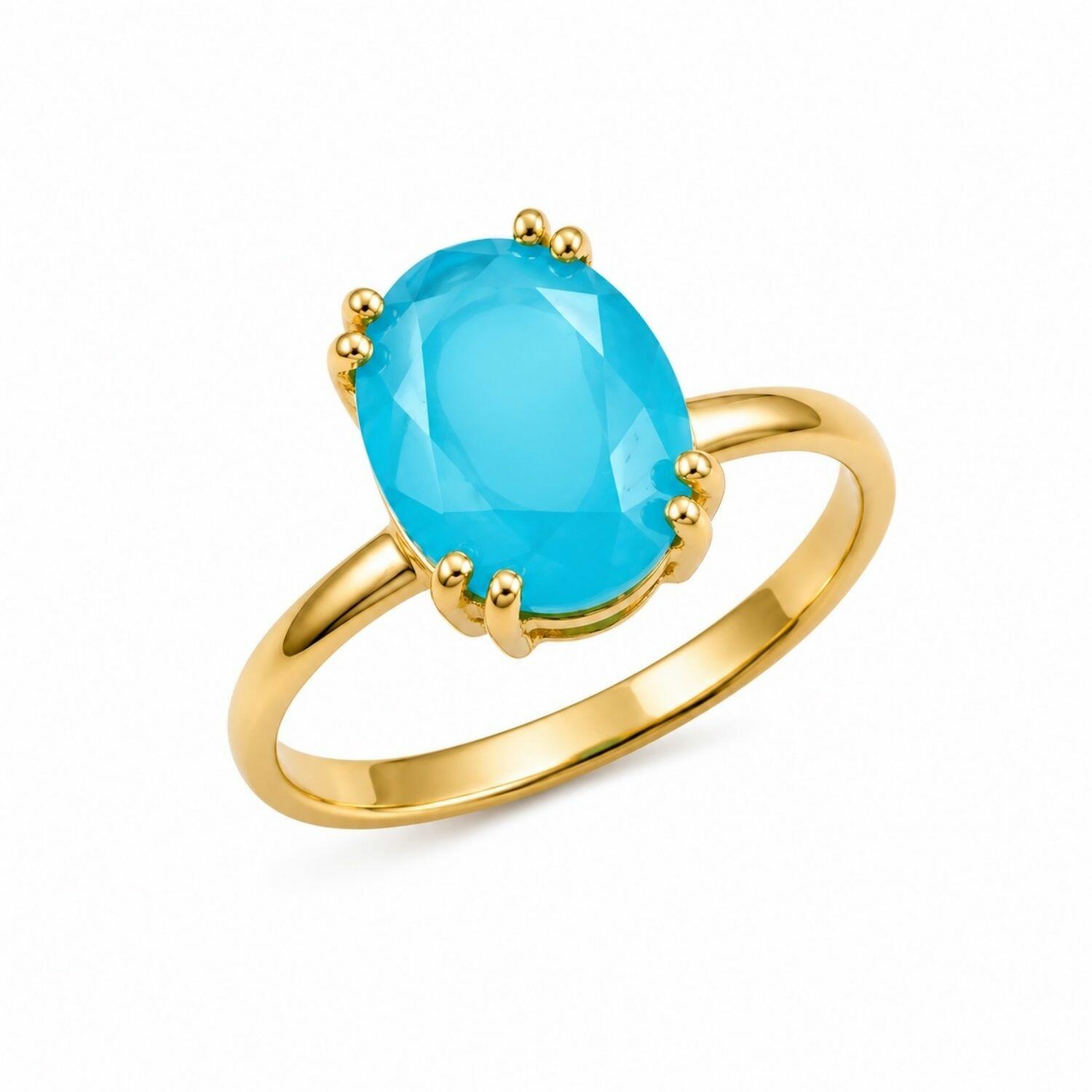 Anel Zircônia Azul Fusion Oval Banhado em Ouro 18K