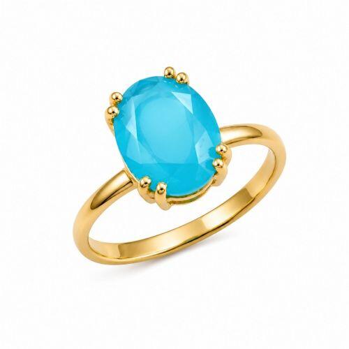 Anel Zircônia Azul Fusion Oval Banhado em Ouro 18K