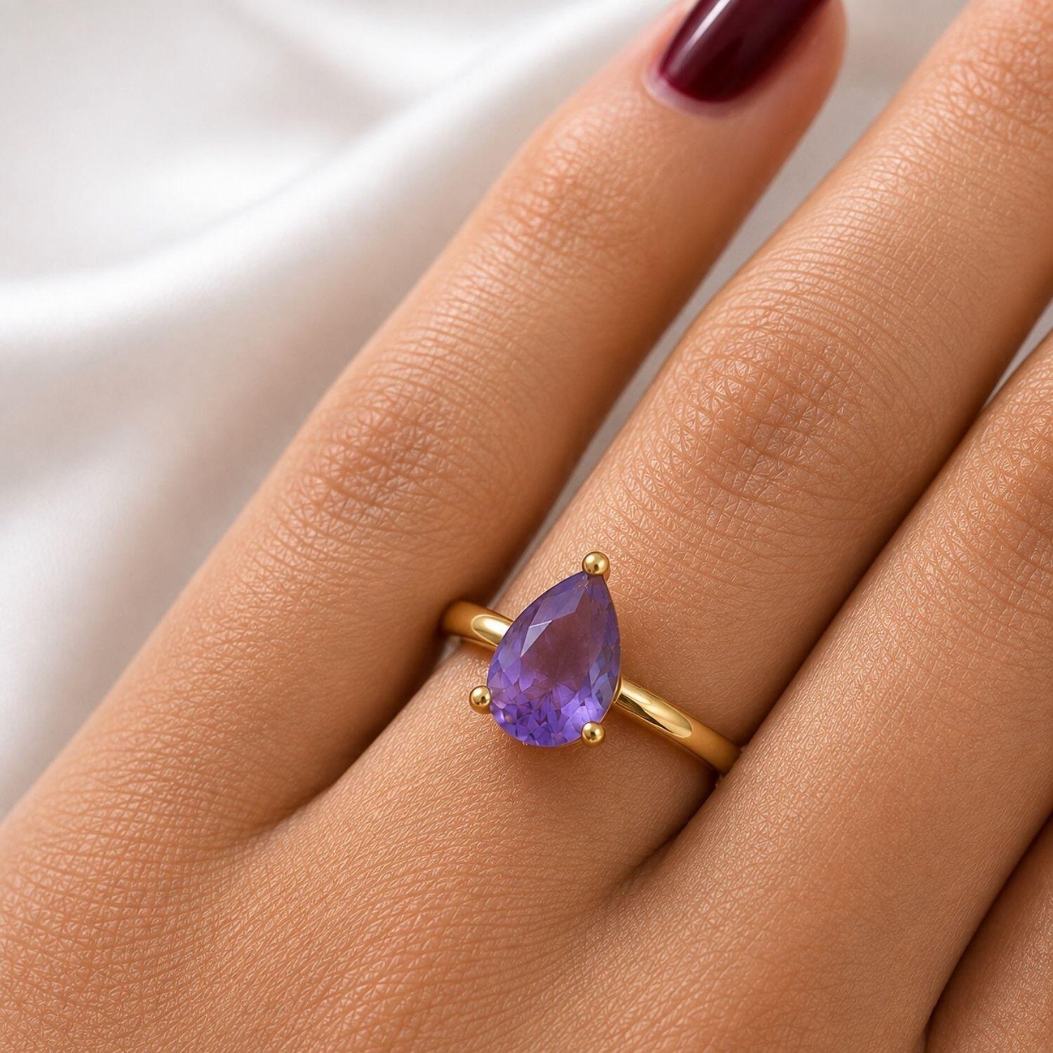 Anel Gota Zircônia Ametista Fusion Banhado em Ouro 18K