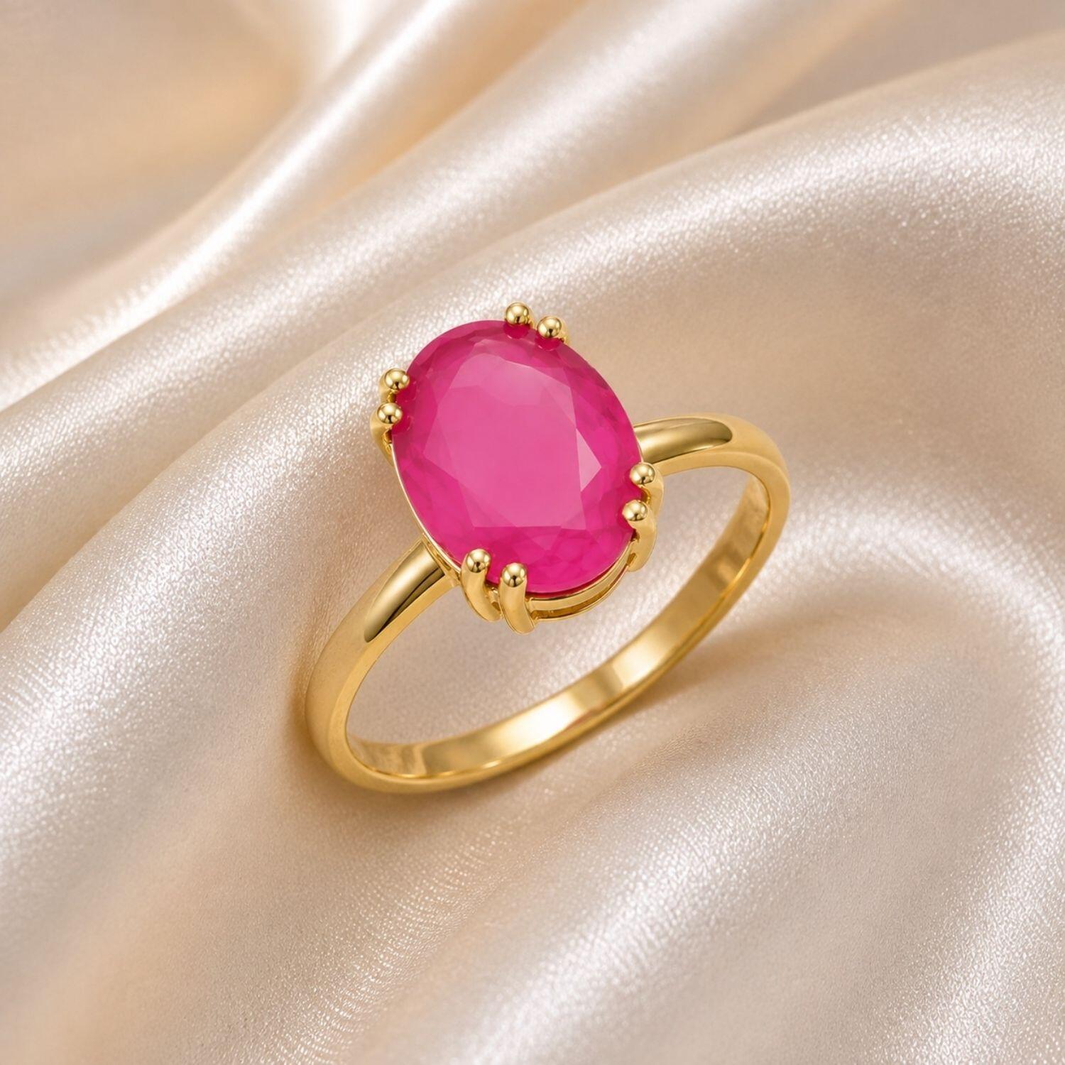 Anel Zircônia Rosa Fusion Oval Banhado em Ouro 18K