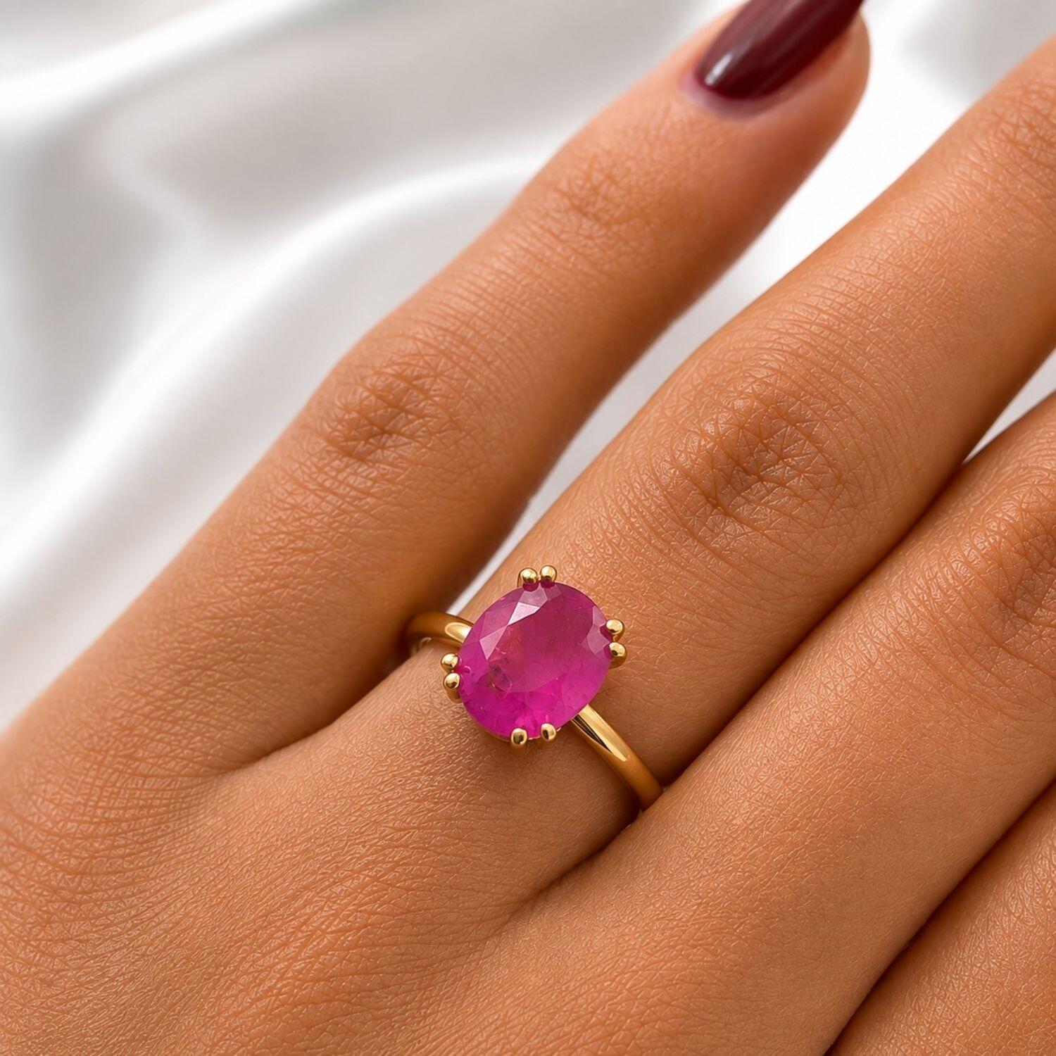 Anel Zircônia Rosa Fusion Oval Banhado em Ouro 18K
