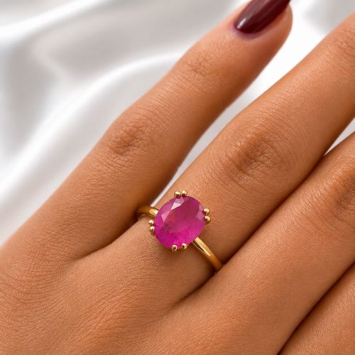 Anel Zircônia Rosa Fusion Oval Banhado em Ouro 18K