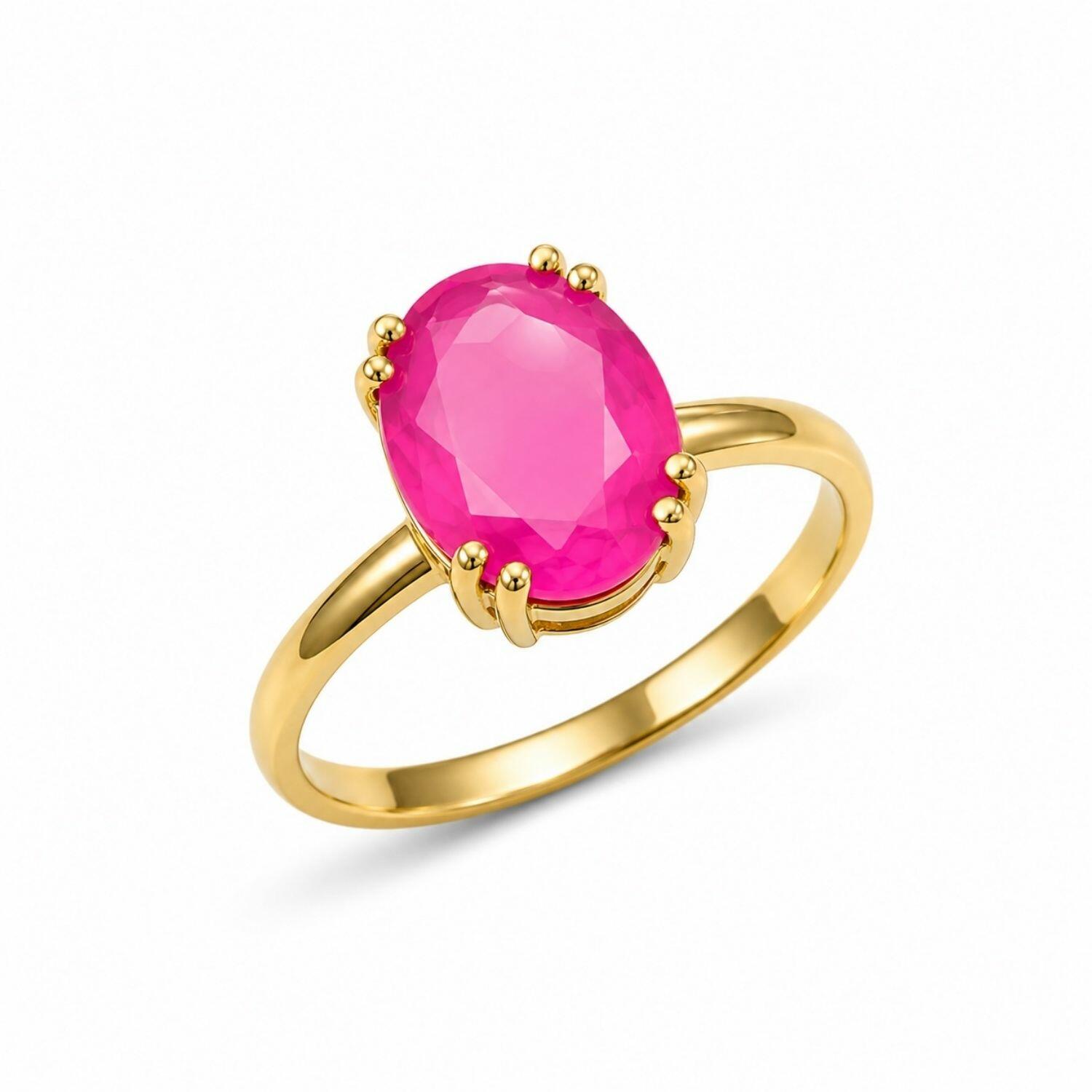 Anel Zircônia Rosa Fusion Oval Banhado em Ouro 18K