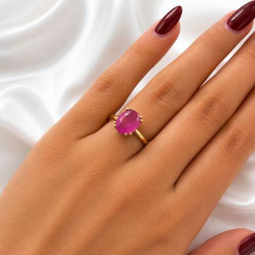 Anel Zircônia Rosa Fusion Oval Banhado em Ouro 18K
