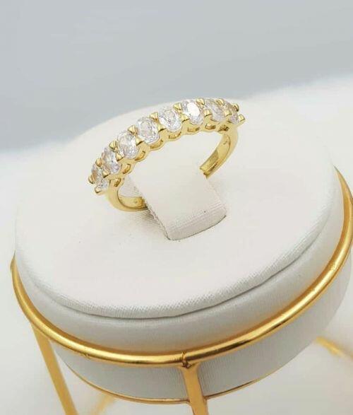Anel Meia Aliança Zircônia Oval Cristal Banhado em Ouro 18K
