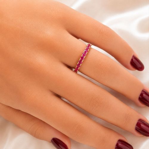 Anel Meia Aliança Zircônia Rosa Pink Banhado em Ouro 18K