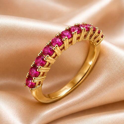 Anel Meia Aliança Zircônia Rosa Pink Banhado em Ouro 18K