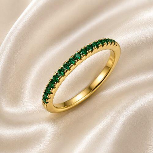 Anel Meia Aliança Fina Micro Zircônia Esmeralda Banhado em Ouro18k