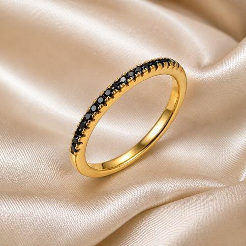 Anel Meia Aliança Fino Micro Zircônia Negra Banhado em Ouro18k