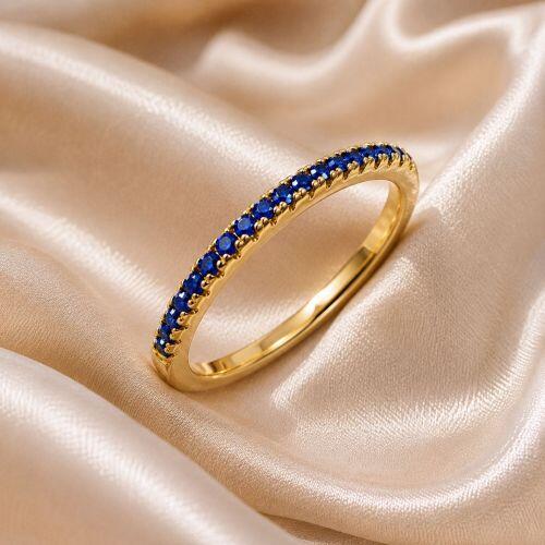 Anel Meia Aliança Fina Micro Zircônia Azul Safira Banhado em Ouro18k