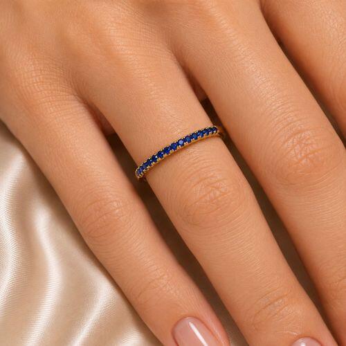 Anel Meia Alian�a Fina Micro Zirc�nia Azul Safira Banhado em Ouro18k
