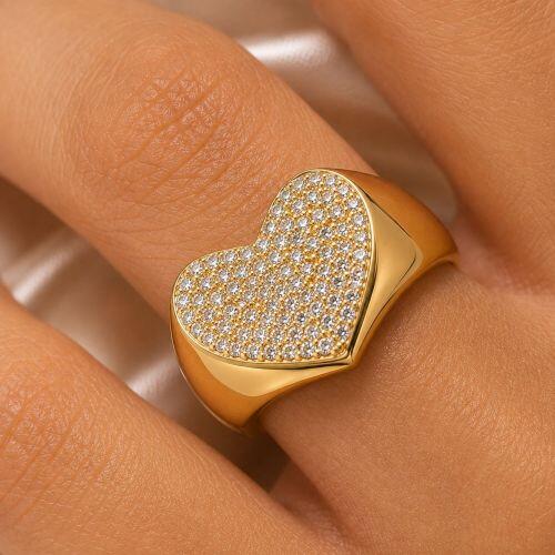 Anel Cora��o Robusto Zirc�nia Cristal Banhado em Ouro 18K