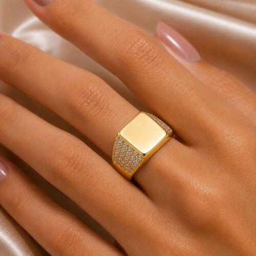Anel Quadrado Luxury Zircônia Cristal Banhado em Ouro 18k