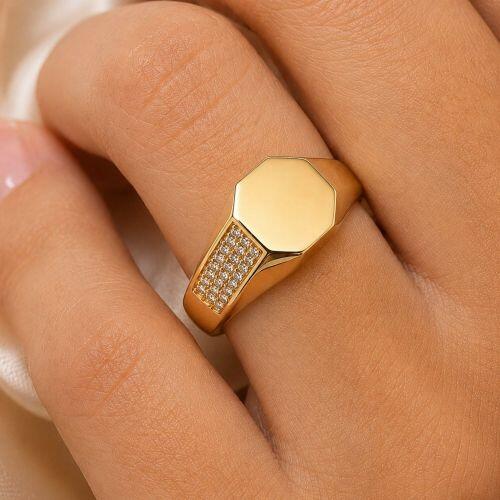 Anel Octógono Luxury Zircônia Cristal Banhado em Ouro 18K