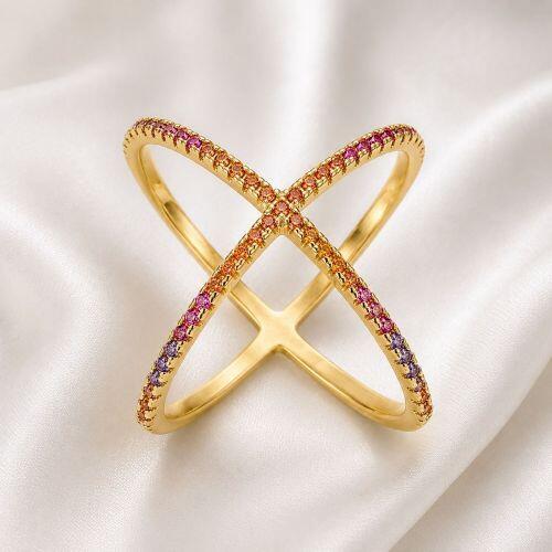 Anel X Micro Zirc�nia Colorida Banhado em Ouro18k