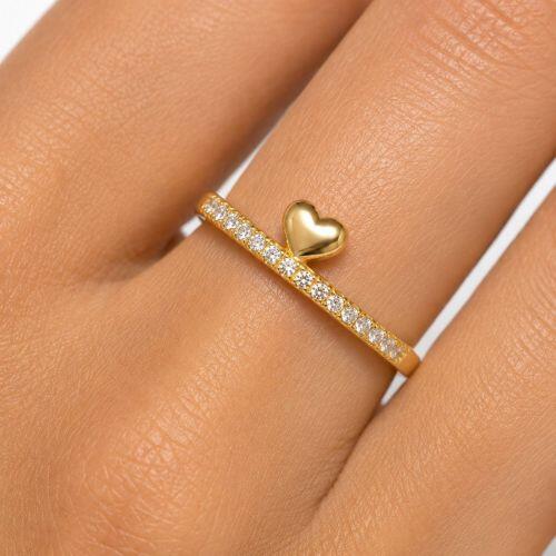 Anel Meia Alian�a com Cora��o Liso Pequeno com Micro Zirc�nia Cristal Banhado em Ouro18k