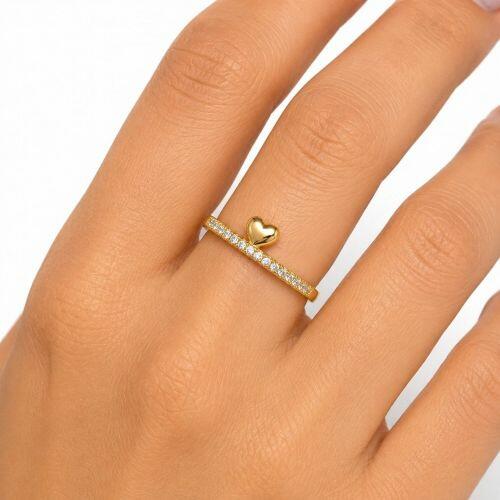 Anel Meia Aliança com Coração Liso Pequeno com Micro Zircônia Cristal Banhado em Ouro18k