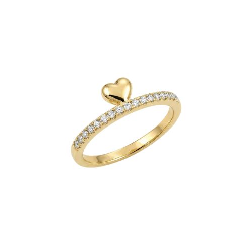 Anel Meia Aliança com Coração Liso Pequeno com Micro Zircônia Cristal Banhado em Ouro18k