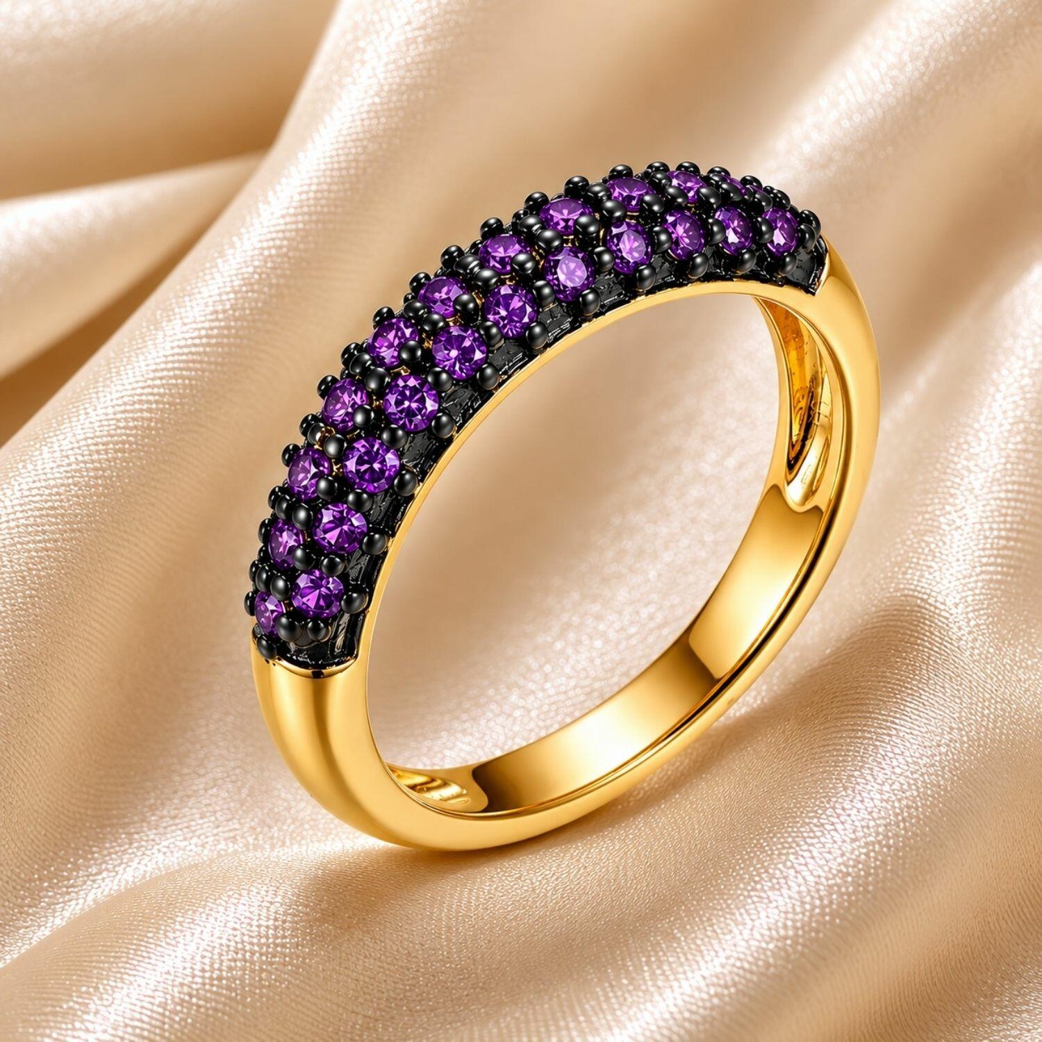Anel Aparador 3 Fileiras Micro Zircônias Ametista Banhado em Ouro18k