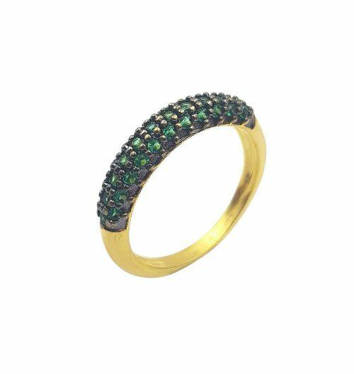 Anel Aparador 3 Fileiras Micro Zircônias Esmeralda Banhado em Ouro18k