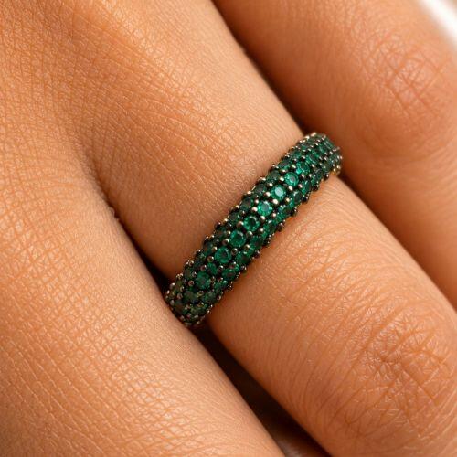 Anel Aparador 3 Fileiras Micro Zirc�nias Esmeralda Banhado em Ouro18k