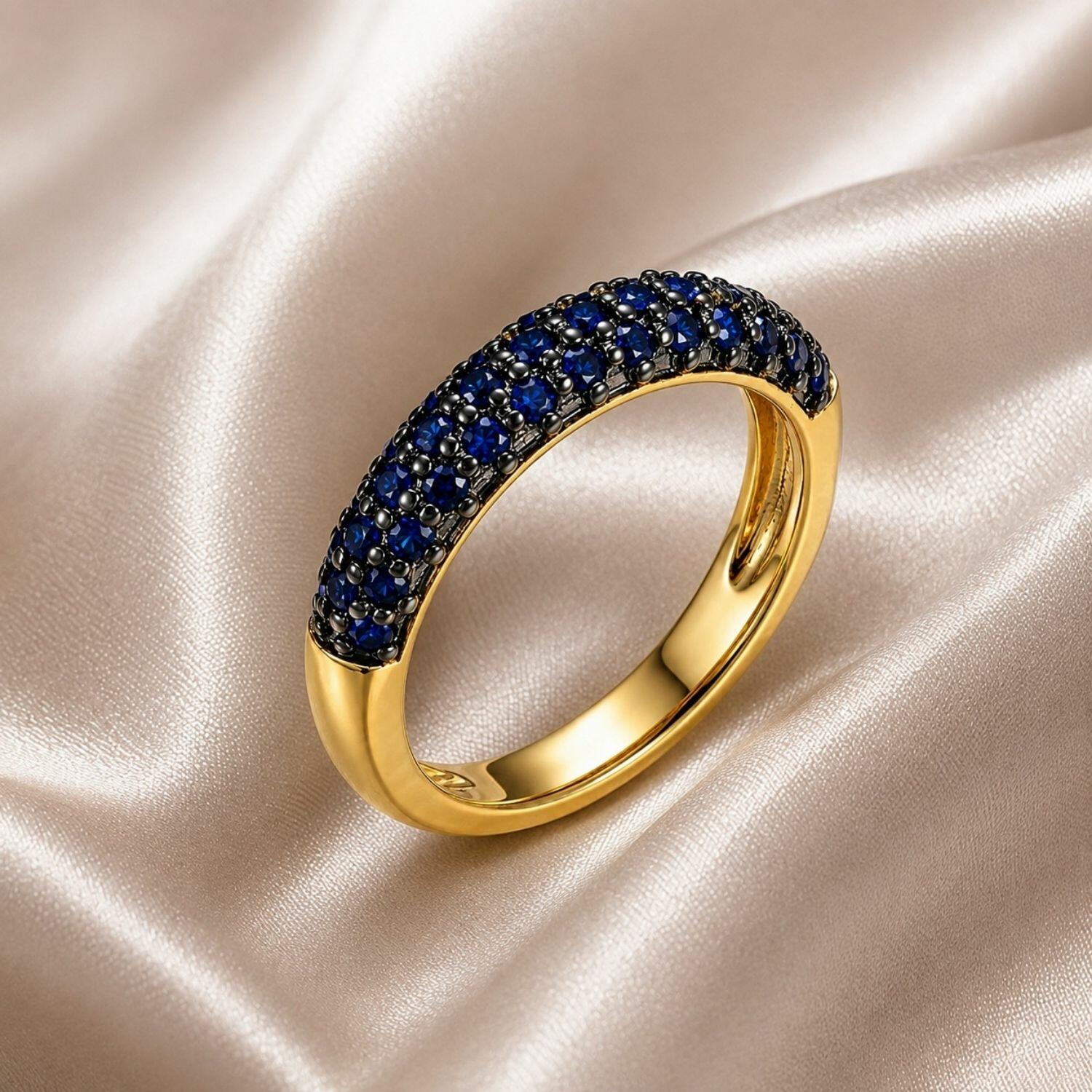 Anel Aparador 3 Fileiras Micro Zircônias Azul Banhado em Ouro18k