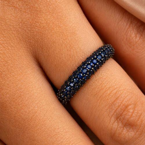 Anel Aparador 3 Fileiras Micro Zirc�nias Azul Banhado em Ouro18k
