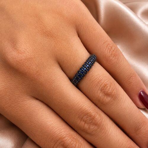 Anel Aparador 3 Fileiras Micro Zircônias Azul Banhado em Ouro18k