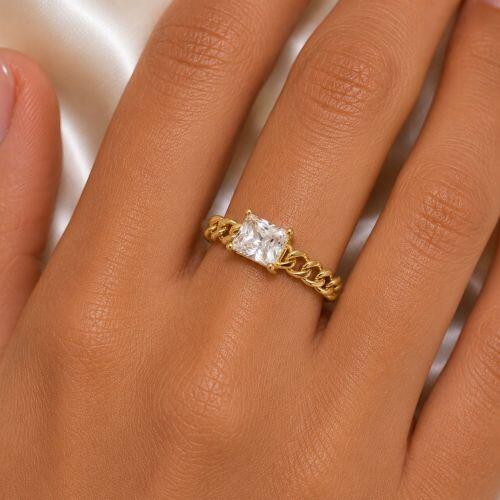 Anel Corrente com Zirc�nia Cristal Retangular Banhado em Ouro18k