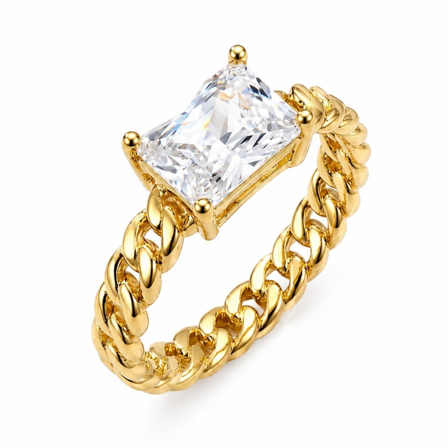 Anel Corrente com Zircônia Cristal Retangular Banhado em Ouro18k
