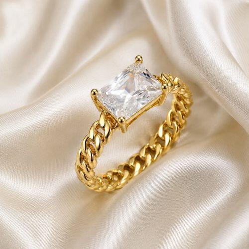 Anel Corrente com Zircônia Cristal Retangular Banhado em Ouro18k