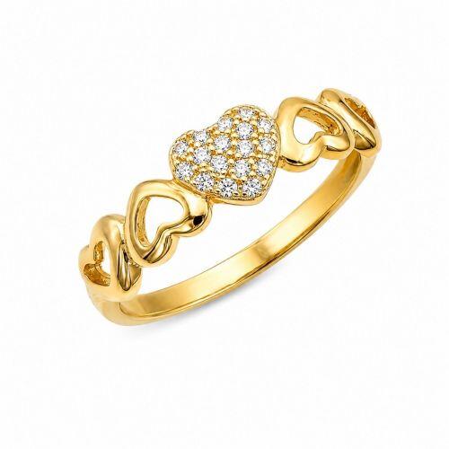 Anel Meia Alian�a com Cora��es Vazados e 1 Cora��o com Micro Zirc�nia Cristal Banhado em Ouro18k