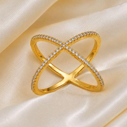 Anel X com Micro Zirc�nias Banhado em Ouro18k