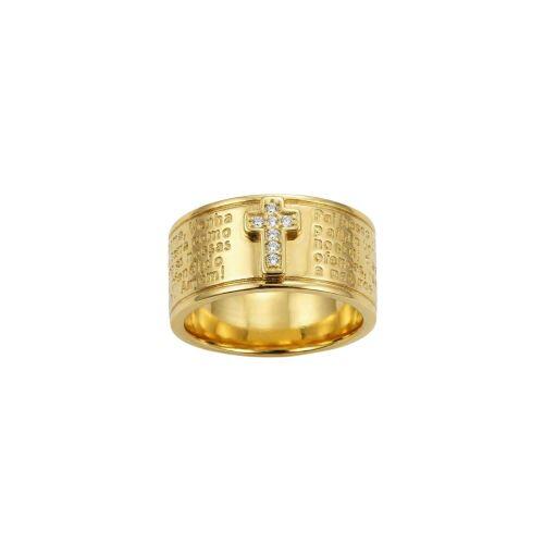 Anel Largo Oração Pai Nosso com Cruz Cravejada Banhado em Ouro18k