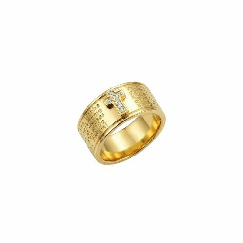 Anel Largo Ora��o Pai Nosso com Cruz Cravejada Banhado em Ouro18k