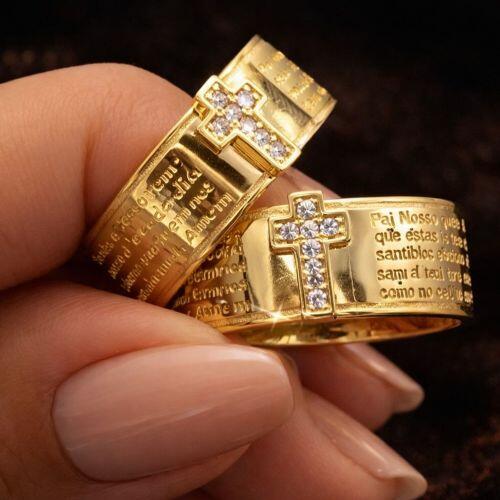 Anel Largo Oração Pai Nosso com Cruz Cravejada Banhado em Ouro18k