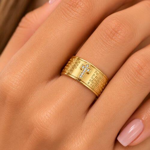 Anel Largo Ora��o Pai Nosso com Cruz Cravejada Banhado em Ouro18k