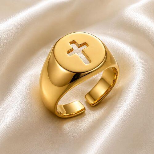 Anel Dedinho Cruz Regul�vel Banhado em Ouro18k