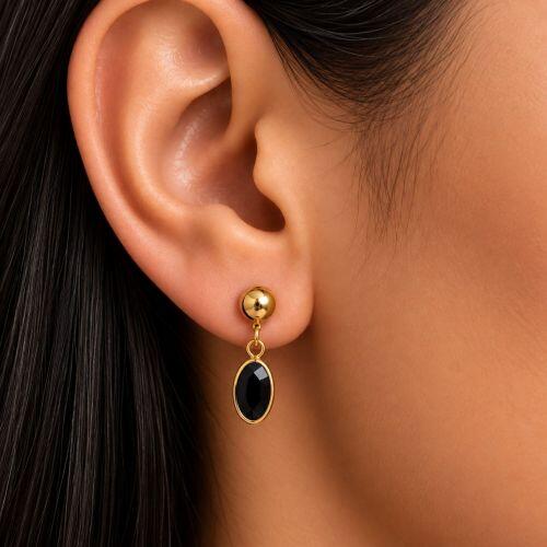 Brinco Meia Bola com Cristal Negro Banhado a Ouro