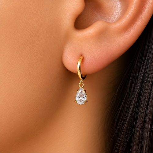 Brinco Argola com Gota Zircônia Cristal Banhado a Ouro