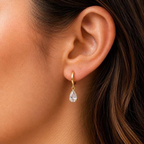 Brinco Argola com Gota Zirc�nia Cristal Banhado a Ouro