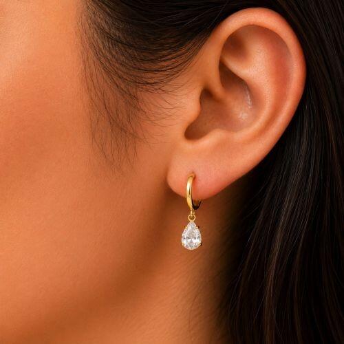 Brinco Argola com Gota Zirc�nia Cristal Banhado a Ouro