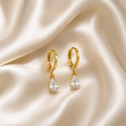 Brinco Argola com Gota Zirc�nia Cristal Banhado a Ouro