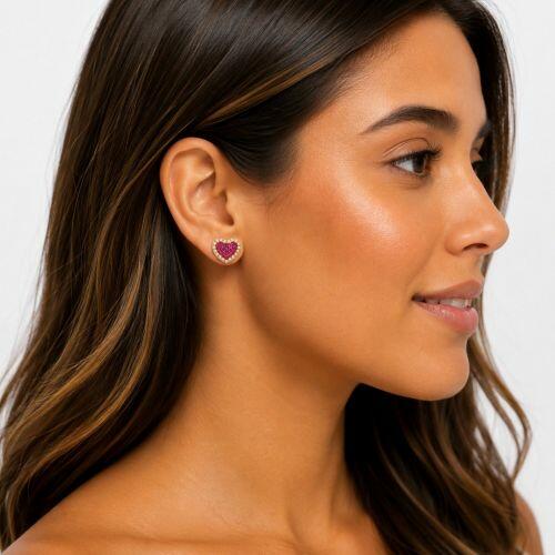 Brinco Coração Zircônia Cristal e Rosa Banhado a Ouro